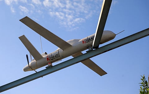 A picture shows an installation of drone models in Tahrir Square in the Yemeni capital Sanaa, on January 18, 2022.
