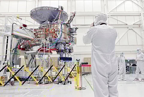 NASA’s Europa Clipper spacecraft is viewed inside a Spacecraft Assembly Facility clean room at NASA’s Jet Propulsion Laboratory on 11 April 2024 in Pasadena, California. The spacecraft is scheduled to investigate and perform flybys of Europa, Jupiter’s moon.
