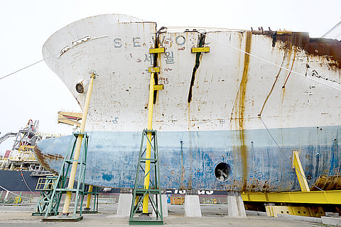 THE hull of the salvaged Sewol ferry is seen at a port in Mokpo, South Jeolla Province, on 16 April 2024, as South Korea marked the 10th anniversary of the country’s worst-ever maritime disaster, when hundreds of schoolchildren died after the overloaded Sewol ferry capsized and sank.