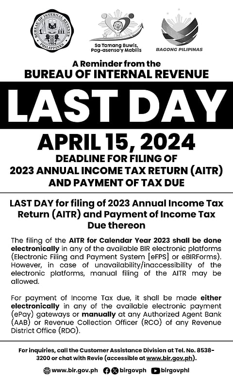 BIR - Deadline for Filing of 2023 Annual Income Tax Return (AITR) and Payment of Tax Due