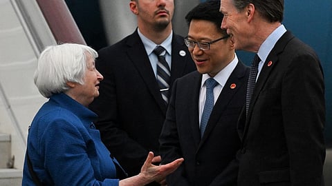 China's Vice Minister of Finance Liao Min (2nd R) and US Ambassador to China Nicholas Burns (R) receive US Treasury Secretary Janet Yellen (R) upon her arrival at the Baiyun International Airport in southern China's city of Guangzhou on 4 April 2024.
