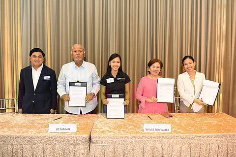 Memorandum of agreement Signing between the Rotary Club of Makati and Waves for Water Phillippines last 2 April 2024 at the Peninsula Manila in Makati. Photo shows (from left) RC Makati director Neil Makasiar, RC Makati 
president Bing Matoto, W4W country director Jenica Dizon, Campaign Against Malnutrition and Child Stunting (CAMACS) overall chairman Atty. Benedicta Du-Baladad and W4W Philippines director of Communications Megan Manzano.