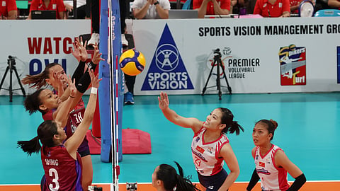DEANNA Wong, Chery Nunag, and Sisi Rondina of Choco Mucho foil the attack of Jema Galanza of Creamline during their PVL All-Filipino Conference semifinals yesterday at the Philsports Arena. The Flying Titans prevailed, 13-25, 19-25, 25-21, 25-20, 18-16.