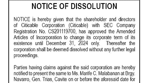 Notice of Dissolution - Marife C. malabanan