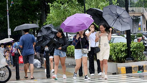 Pedestrians walk fast with their umbrellas