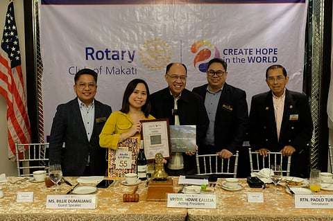 Masungi Georeserve Foundation co-founder Billie Dumaliang was guest speaker of the Rotary Club of Makati in its 14 May 2024 meeting at The Peninsula Manila. Dumaliang (2nd from left) receives a plaque of appreciation from Club officers (from left) Chris Ferareza, RC Makati VP Howie Calleja, Paolo Turno and RC Makati past president JunJun Dayrit.