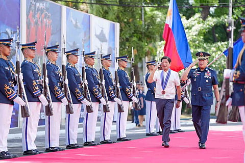 PRESIDENT Ferdinand Romualdez Marcos Jr. inspects the line prior to the start of the Philippine Airforce Command Conference at Villamor Airbase, Pasay City on Monday. The Air Force is contemplating buying America’s fighter jet workhorse, the F16.