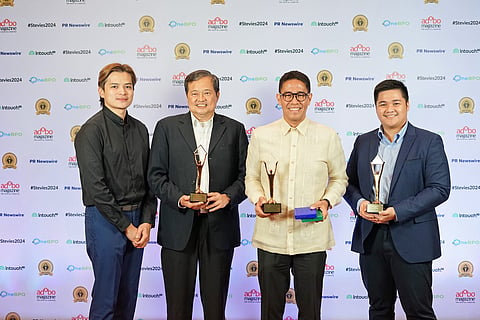 Meralco took home five awards at the 2024 Asia-Pacific Stevie Awards for its sustainability, thought leadership, and social media initiatives. Seen in the photo are Meralco Power Academy Executive Director Ian Chester Colorina,
Meralco Power Academy President Nixon Hao, Meralco First Vice President and Chief Sustainability Officer Raymond Ravelo, and Meralco Power Academy Program Head Marc Lester Malibiran during the awarding ceremony held
last May 24, 2024.