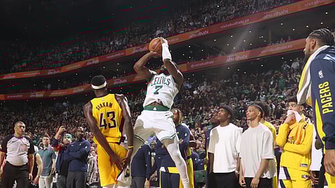 JAYLEN Brown soars for the three-pointer that helped the Boston Celtics force an overtime during Game 1 of their NBA Eastern Conference finals game against the Indiana Pacers. The Celtics prevailed, 133-128. 