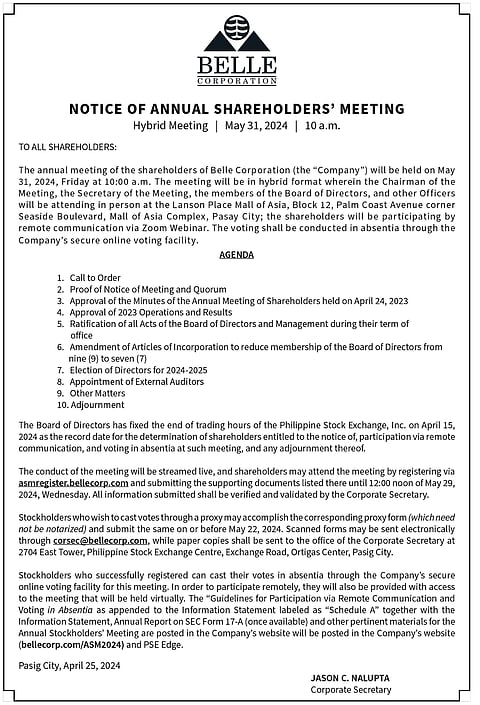 Belle Corporation - Notice of Annual Shareholders' Meeting