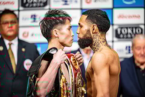 Naoya Inoue (left) and Luis Nery size each other up on the eve of their undisputed world super-bantamweight title fight in Tokyo.