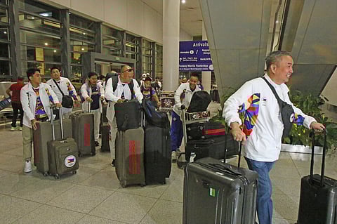 PHILIPPINE Olympic Committee president Abraham ‘Bambol’ Tolentino (right) leads the first wave of athletes and coaches that will fly to France for the Paris Olympics. They boarded an early morning flight on Saturday at the NAIA Terminal 3 en route to Metz, where they will hold a month-long training camp at the La Moselle and Les Arenes until the opening of the Summer Games on 26 July. 