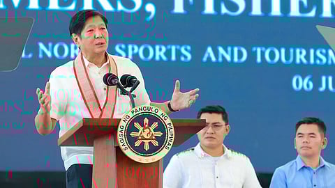 President Ferdinand Marcos Jr. on Thursday, 6 June, delivers his speech at the distribution of aid to farmer and fisherfolk beneficiaries in Tagum City, Davao del Norte,