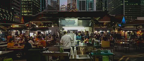 A DRINK stall at an iconic hawker center in the central business dustrict of Singapore.