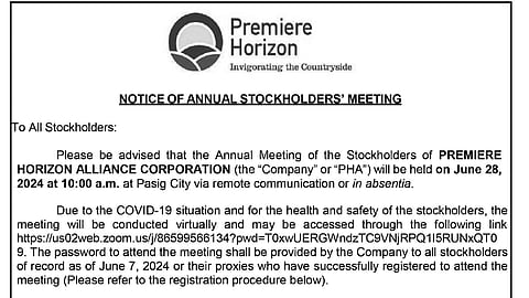 Notice of Annual Stockholders'Meeting - Premiere Horizon Alliance Corporation