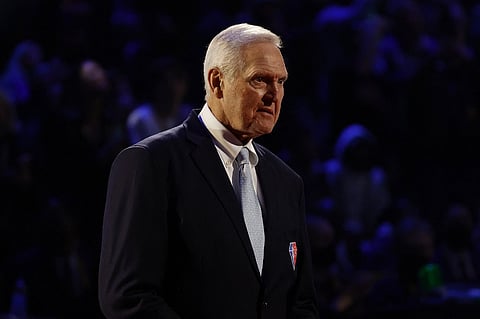 Jerry West reacts after being introduced as part of the NBA 75th Anniversary Team during the 2022 NBA All-Star Game at Rocket Mortgage Fieldhouse on February 20, 2022 in Cleveland, Ohio. 

