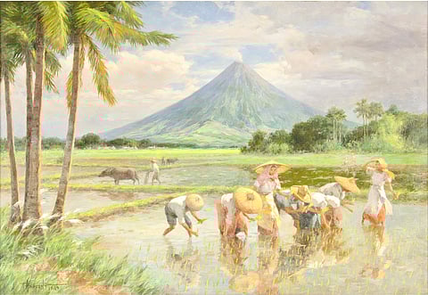 ‘Planting Rice With Mayon Volcano’ from 1949 by the first National Artist Fernando Amorsolo, oil on canvas, 28 x 40 inches, estimated at P12 million to 18 million.