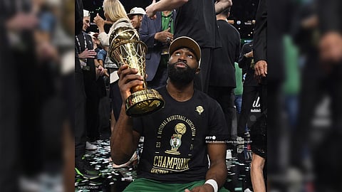 JAYLEN Brown of the Boston Celtics celebrates after emerging as Most Valuable Player of the NBA Finals.