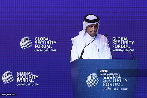 Qatari Prime Minister Sheikh Mohammed bin Abdulrahman Al-Thani addresses the opening session of the Global Security Forum in Doha on May 20, 2024.
