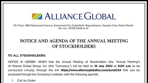 Alliance Global - Notice and Agenda of the Annual Meeting of Stockholders