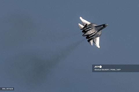 (FILES) A Russian Sukhoi Su-57 fifth-generation jet fighter performs during an air show at the MAKS 2021 International Aviation and Space Salon, in Zhukovsky, outside Moscow, on 20 July 2021. 
