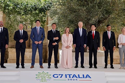 From left : President of the European Council Charles Michel, German Chancellor Olaf Scholz, Canadian Prime Minister Justin Trudeau, French President Emmanuel Macron, Italy's Prime Minister Giorgia Meloni, US President Joe Biden, Japanese Prime Minister Fumio Kishida, British Prime Minister Rishi Sunak and President of the European Commission Ursula von der Leyen pose for a photo
