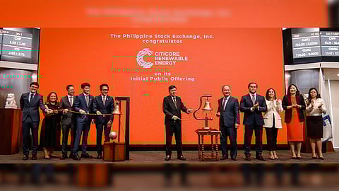 Citicore Renewable Energy Corporation’s stock market debut was attended by (from left) UK Embassy’s foreign commonwealth development office (FCDO) climate and economic counselor Lloyd Cameron, CREC director and chief investor relations officer Abigail Joan Cosico, CREC director Manuel Louie Ferrer, CREC president and CEO Oliver Tan, CREC chairperson Edgar Saavedra, Securities and Exchange Commission chairperson Emilio Aquino, PSE president and CEO Ramon Monzon, PSE COO Roel Refran, PSE corporate secretary Aissa Encarnacion, PSE issuer regulation division head Marigel Baniqued-Garcia, and PSE general counsel Veronica del Rosario.