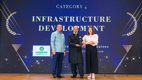 LandBank executive vice president Ma. Celeste Burgos (rightmost) receives the award from ADFIAP chairman Saud Minam (center) and First Vice chairman Kao Thach (leftmost) for the bank’s development project on rural electrification under the Infrastructure Development category during the ADFIAP Sustainable Development Awards 2024 in Phnom Penh, Cambodia on 16 May 2024. 