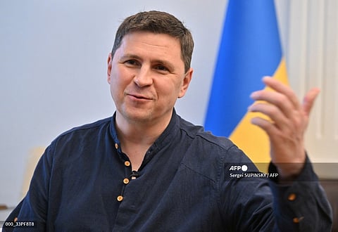 Adviser to the President of Ukraine Volodymyr Zelensky, Mykhailo Podolyak, speaks during an interview with AFP in Kyiv, on July 19, 2023, amid the Russian invasion of Ukraine.

