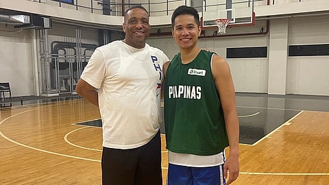 ROGER Pogoy (right) joins Sean Chambers and Gilas Pilipinas in their second day of training on Saturday at the Inspire Sports Academy in Laguna.    