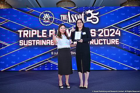 PRIME Infra head of treasury Emma Villa del Rey and treasury manager Kaila Marie Almendarez receive The Asset’s Triple A Sustainable Infrastructure Awards 2024 during a ceremony in Singapore on 9 July 2024.