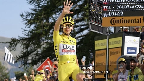 CYCLING-TDF-2024-STAGE20
UAE Team Emirates team's Slovenian rider Tadej Pogacar cycles to the finish line to win the 20th stage of the 111th edition of the Tour de France cycling race, 132,8 km between Nice and Col de la Couillole, southeastern France, on July 20, 2024.