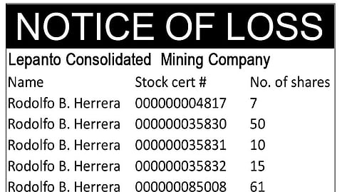 Lepanto Consolidated Mining Company - Notice of Loss
