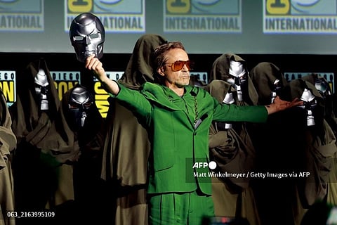 SAN DIEGO, CALIFORNIA - JULY 27: Robert Downey Jr. speaks onstage at the Marvel Studios Panel during 2024 Comic-Con International at San Diego Convention Center on July 27, 2024 in San Diego, California.