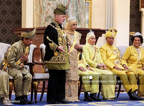The seventeenth King of Malaysia, Sultan Ibrahim and Queen Raja Zarith Sofiah Idris Shah look on during his coronation at the National Palace in Kuala Lumpur on July 20, 2024.
