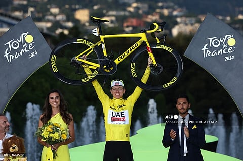 TADEJ Pogacar celebrates after securing his third Tour de France title in Nice, France.  