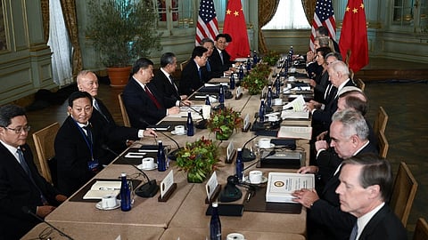 [FILE] US President Joe Biden (5th R) meets with Chinese President Xi Jinping (4th L) during the Asia-Pacific Economic Cooperation (APEC) Leaders' week in Woodside, California on November 15, 2023. Biden and Xi will try to prevent the superpowers' rivalry spilling into conflict when they meet for the first time in a year at a high-stakes summit in San Francisco on Wednesday. With tensions soaring over issues including Taiwan, sanctions and trade, the leaders of the world's largest economies are expected to hold at least three hours of talks at the Filoli country estate on the city's outskirts.