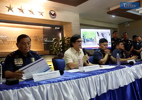 (July 08 2024)………DILG SEC. Benhur Abalos, PNP Chief Director Gen. Rommel Marbil, and other officials presented the two suspects in the killing of Israeli National Yitshak Cohen and his beauty queen fianceé Geneva Lopez to the media on Monday, July 8, 2024, at the PNP Headquarters in Camp Crame in Quezon City.……….Photo/Analy Labor