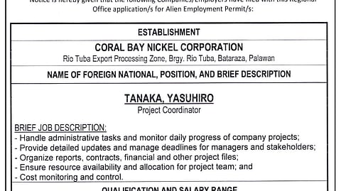 Notice of Filing of Application/s for Alien Employment Permit/s - Tanaka, Yasuhiro