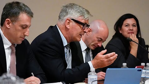 From left to right, lawyer Alex Spiro, Alec Baldwin, lawyer Luke Nikas and lawyer Heather LeBlanc participate in a pretrial hearing in Santa Fe, N.M., July 8, 2024.