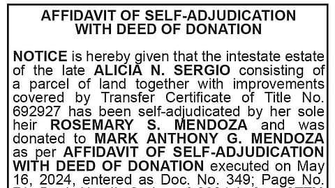 Affidavit of Self-Adjudication with Deed of Donation - Alicia N. Sergio