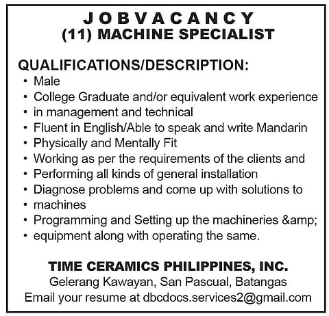 Time Ceramics Philippines, Inc. - Job Vacancy (Machine Specialist)