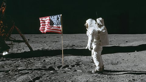 A symbol of achievement for all mankind: Buzz Aldrin with the American flag on the lunar surface during the Apollo 11 mission, July 20, 1969. 