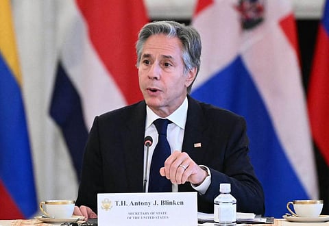 A file picture shows US Secretary of State Antony Blinken speaking in Washington, on July 17, 2024. 