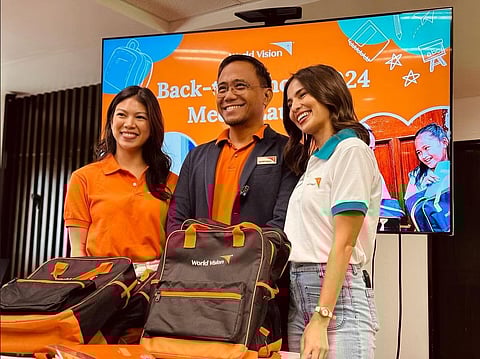 WORLD Vision Philippines ambassadors Janina Vela and Jasmine Curtis-Smith with interim international director Jun Godornes. The back-to-school campaign aims to uplift and empower children with hope as they return to school.  