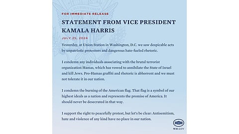 Vice President Kamala Harris condemns hate-filled protests and flag desecration at Union Station.