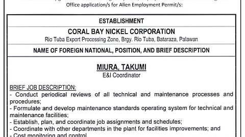 Notice of Filing of Application/s for Alien Employment Permit/s - Miura, Takumi