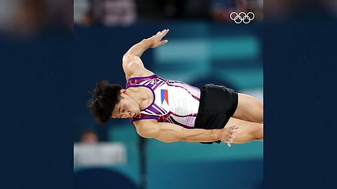 Carlos Yulo’s breathtaking floor exercise performance at the Paris 2024 Olympics, showcasing the precision and flair that earned him the gold medal.