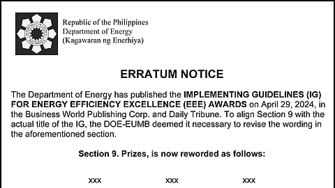 Department of Energy - Erratum Notice