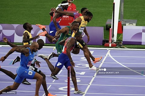 NOAH Lyles of the United States beats Kishane Thompson of Jamaica in a thrilling finish of the men’s 100-meter run of the Paris Olympics.   